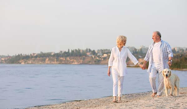 Elderly couple walking on the beach with dog
